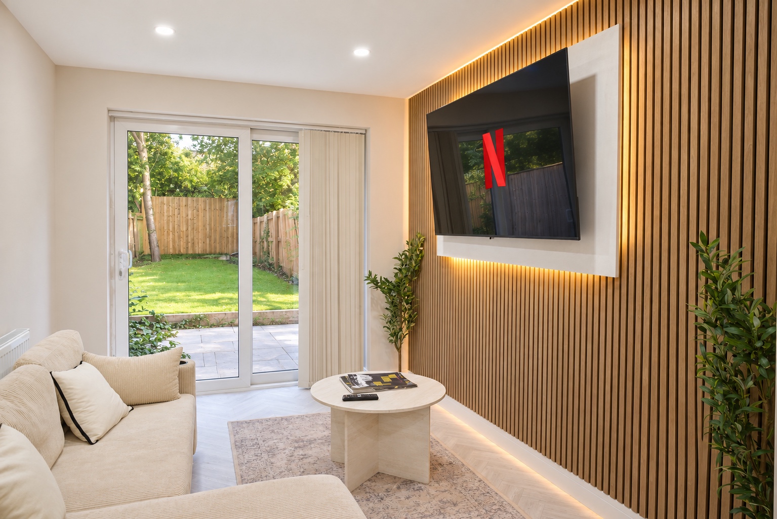 A cream corner sofa facing a television on a timber slat feature wall, with garden doors beyond.