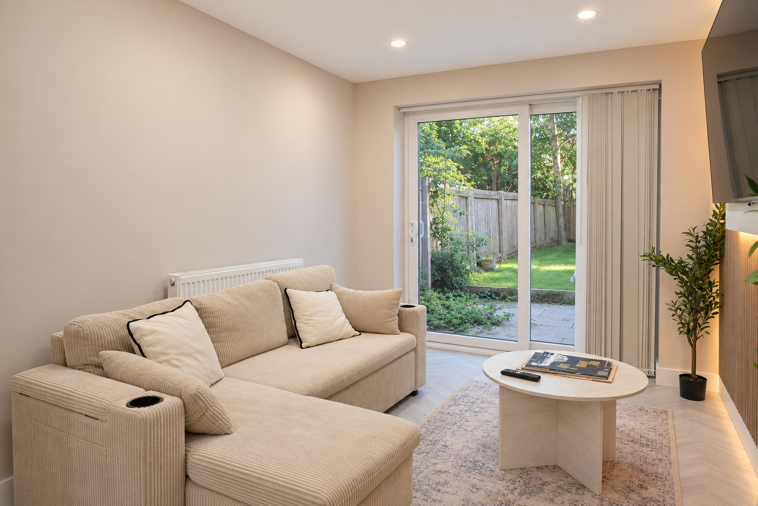 A cream corner sofa and round coffee table beside glazed doors overlooking a garden in a contemporary home.