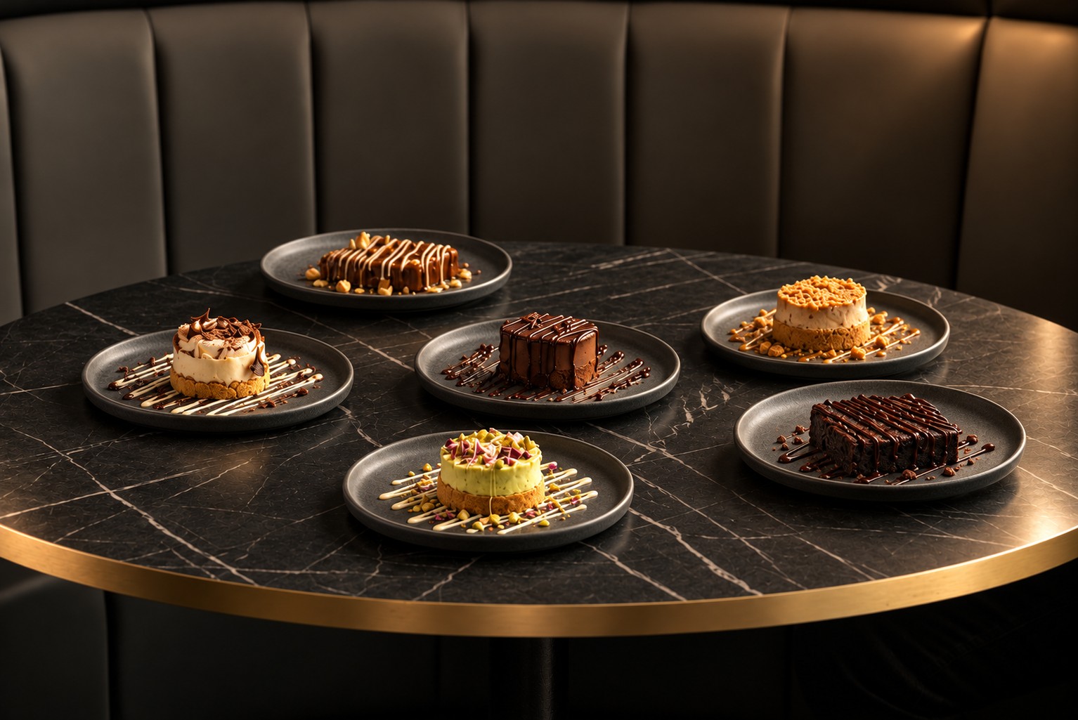Six desserts served on shallow charcoal plates across a marble restaurant table.